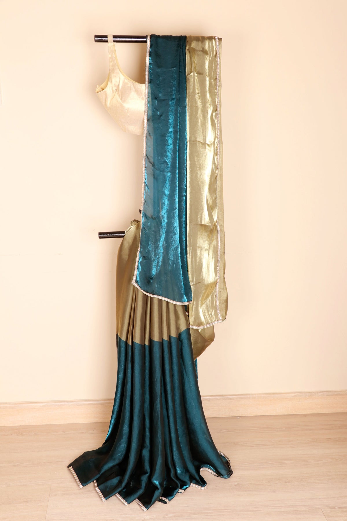 Mor Neel aur Sona Tissue Silk Saree with Teal and Gold Half Half Design and Gold Border| 1058