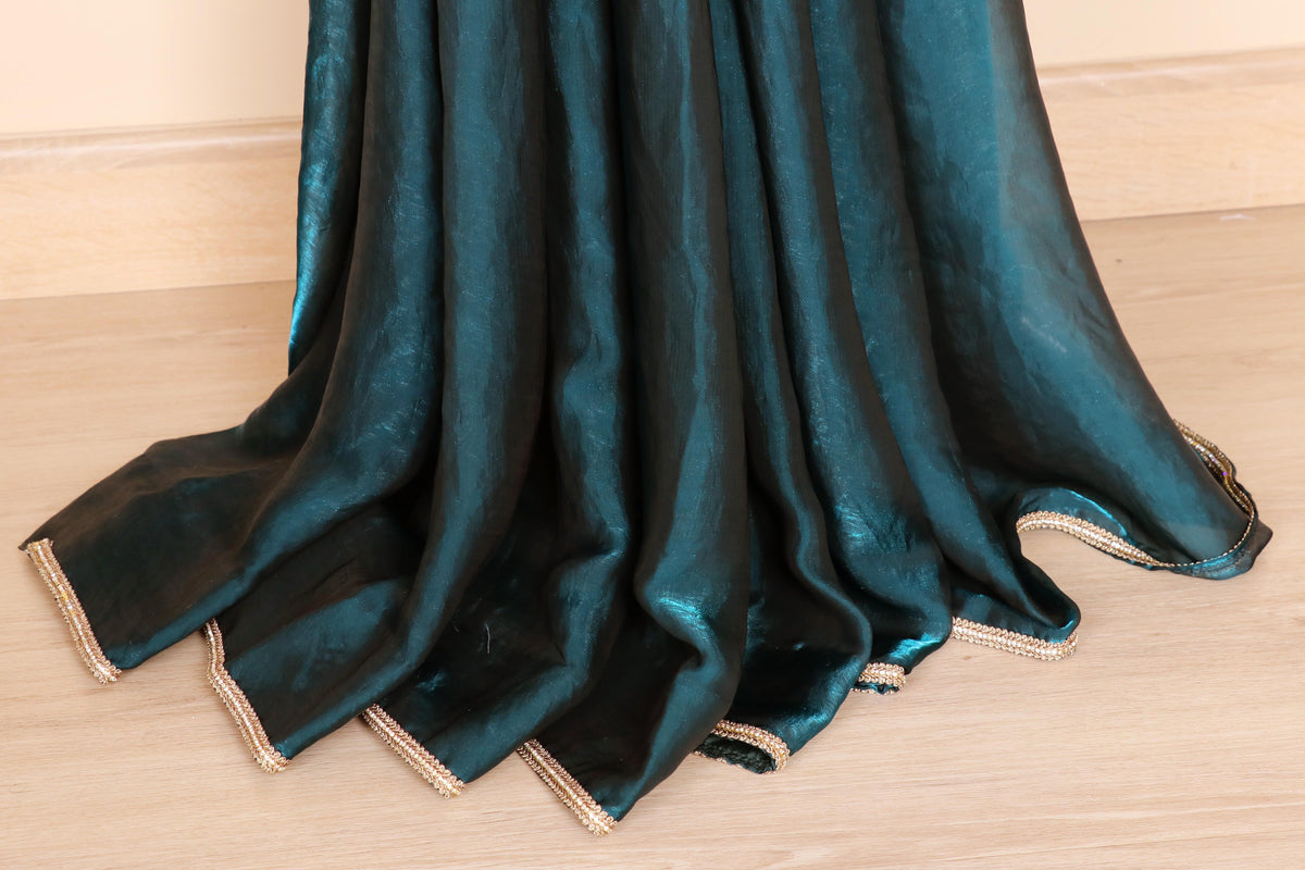 Mor Neel aur Sona Tissue Silk Saree with Teal and Gold Half Half Design and Gold Border| 1058