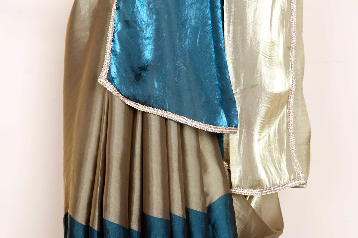 Mor Neel aur Sona Tissue Silk Saree with Teal and Gold Half Half Design and Gold Border| 1058