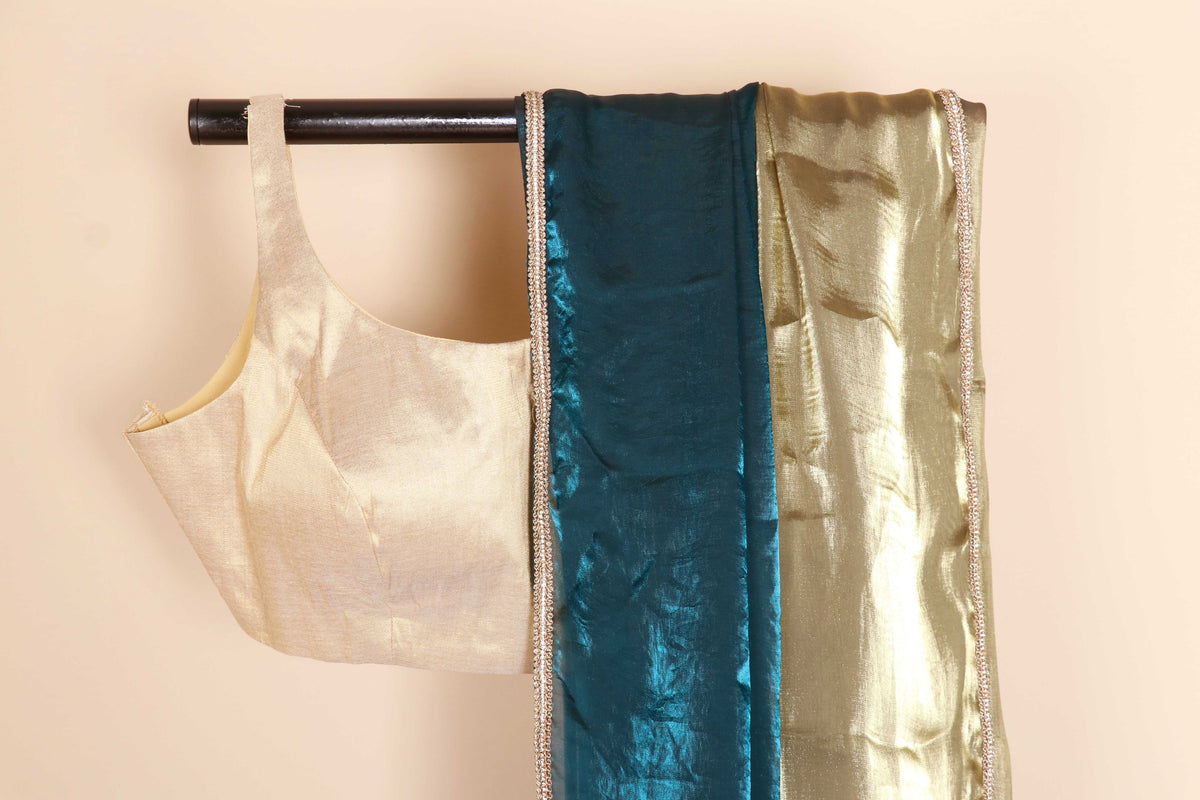 Mor Neel aur Sona Tissue Silk Saree with Teal and Gold Half Half Design and Gold Border| 1058