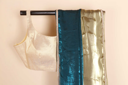 Mor Neel aur Sona Tissue Silk Saree with Teal and Gold Half Half Design and Gold Border| 1058