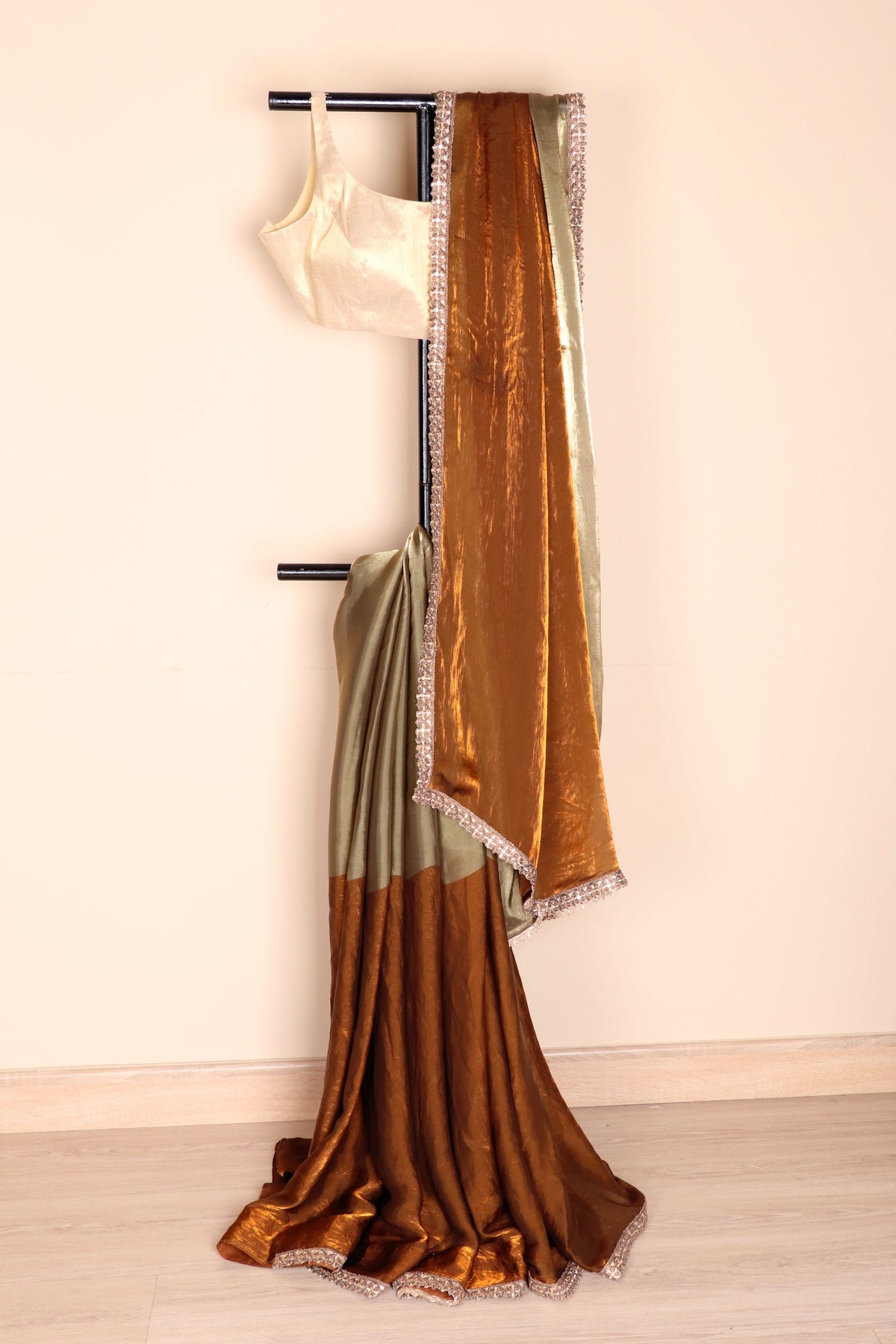 Tambe aur Sage Do Rang Tissue Silk Saree with Crystal Rhinestone Lace Border | 1059