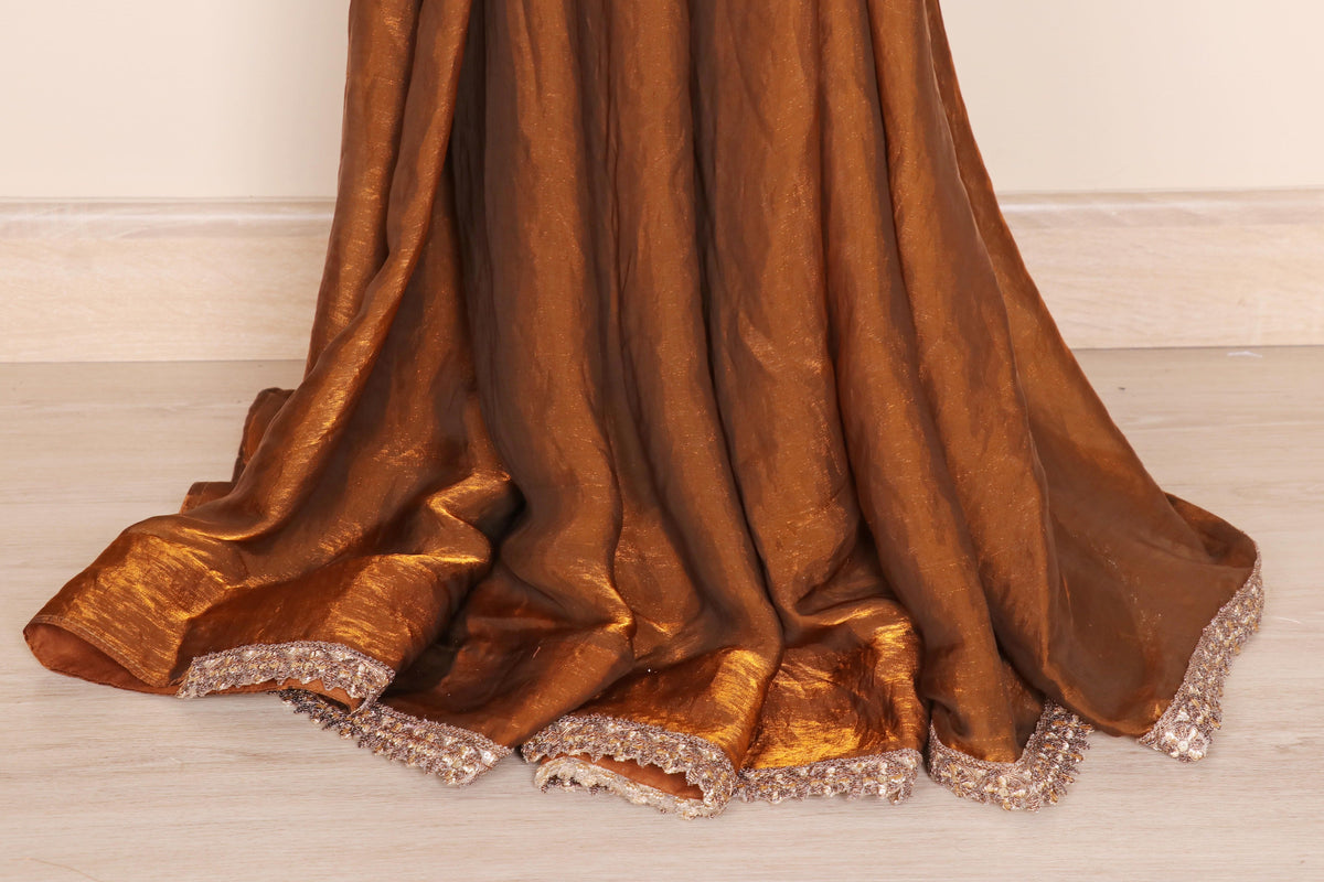 Tambe aur Sage Do Rang Tissue Silk Saree with Crystal Rhinestone Lace Border | 1059