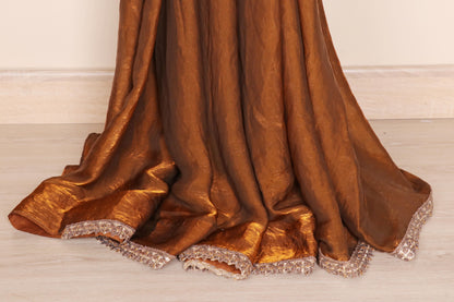 Tambe aur Sage Do Rang Tissue Silk Saree with Crystal Rhinestone Lace Border | 1059