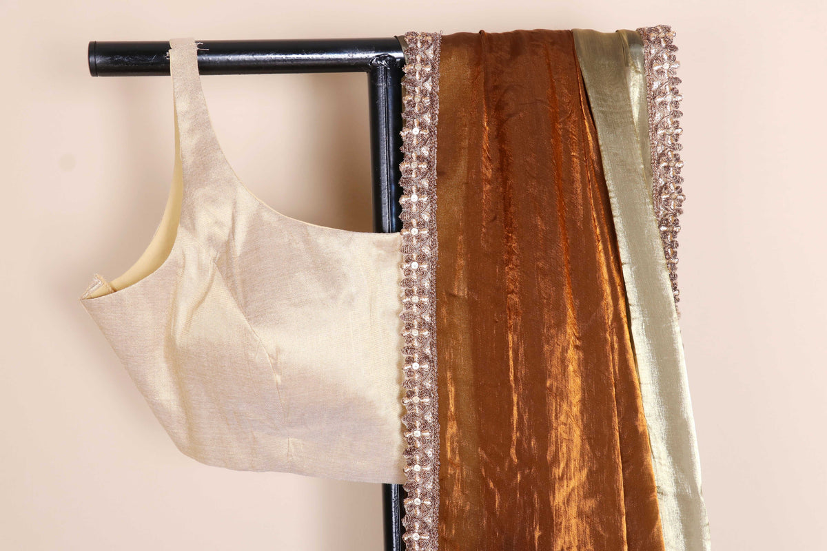 Tambe aur Sage Do Rang Tissue Silk Saree with Crystal Rhinestone Lace Border | 1059