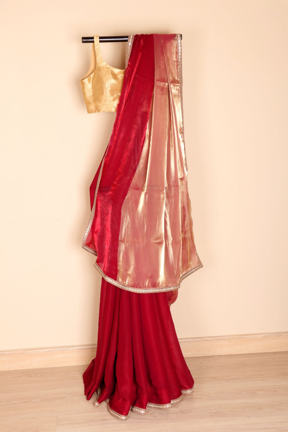 Sindoori Lal Tissue Silk Saree with Gold Zari Half Section and Sequin Embroidered Kinari | 1060