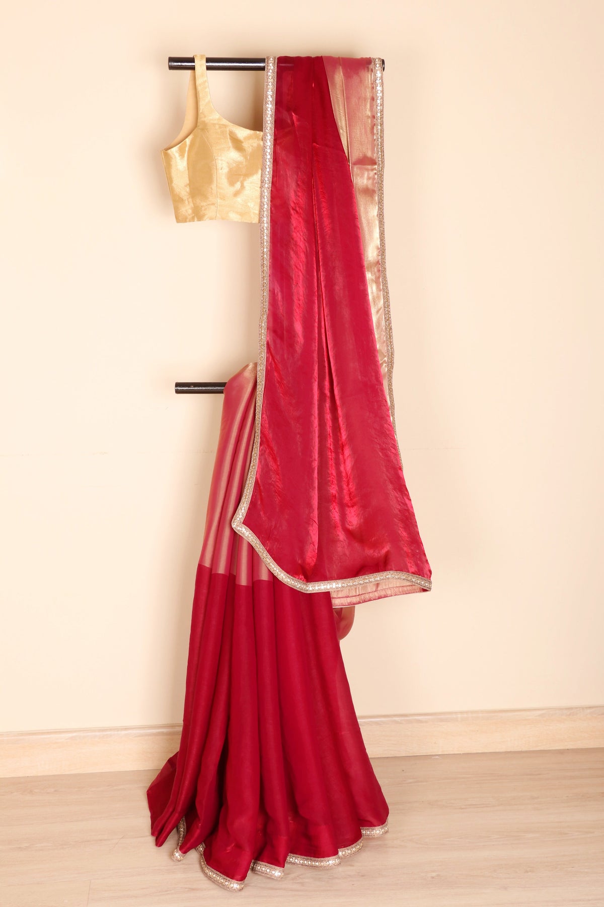 Sindoori Lal Tissue Silk Saree with Gold Zari Half Section and Sequin Embroidered Kinari | 1060