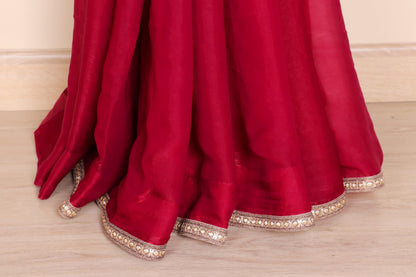 Sindoori Lal Tissue Silk Saree with Gold Zari Half Section and Sequin Embroidered Kinari | 1060