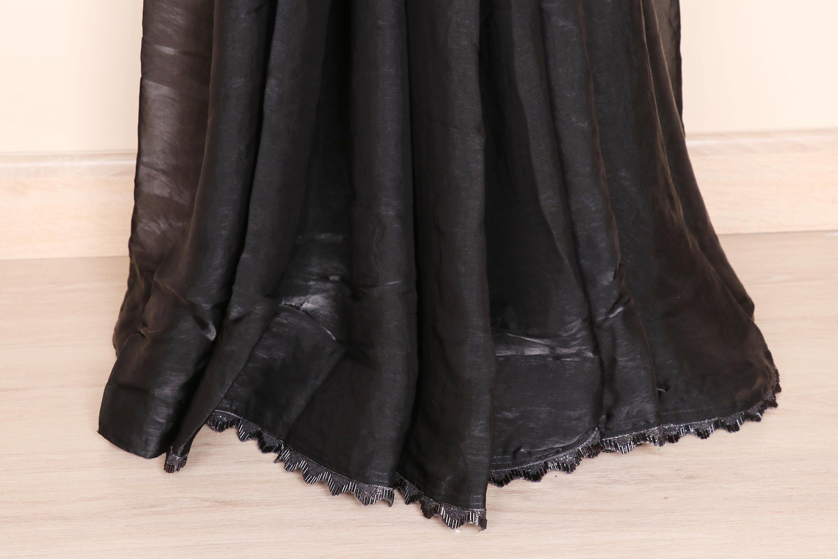 Kaali Siyahi aur Olive Do Rang Tissue Silk Saree with Black Lace Ruffle Kinari | 1061