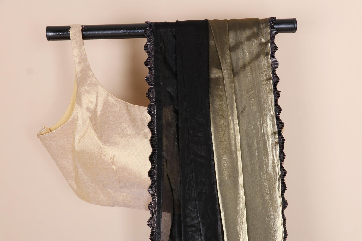 Kaali Siyahi aur Olive Do Rang Tissue Silk Saree with Black Lace Ruffle Kinari | 1061