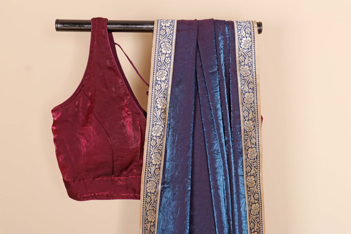 Jamuni aur Firozi Do Rang Tissue Silk Saree with Gold Zari Banarasi Floral Woven Kinari | 1062