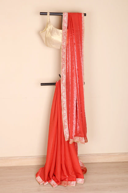 Sindoori Coral Tissue Saree with Gold Banarasi Zari Floral Embroidered Kinari | 1063