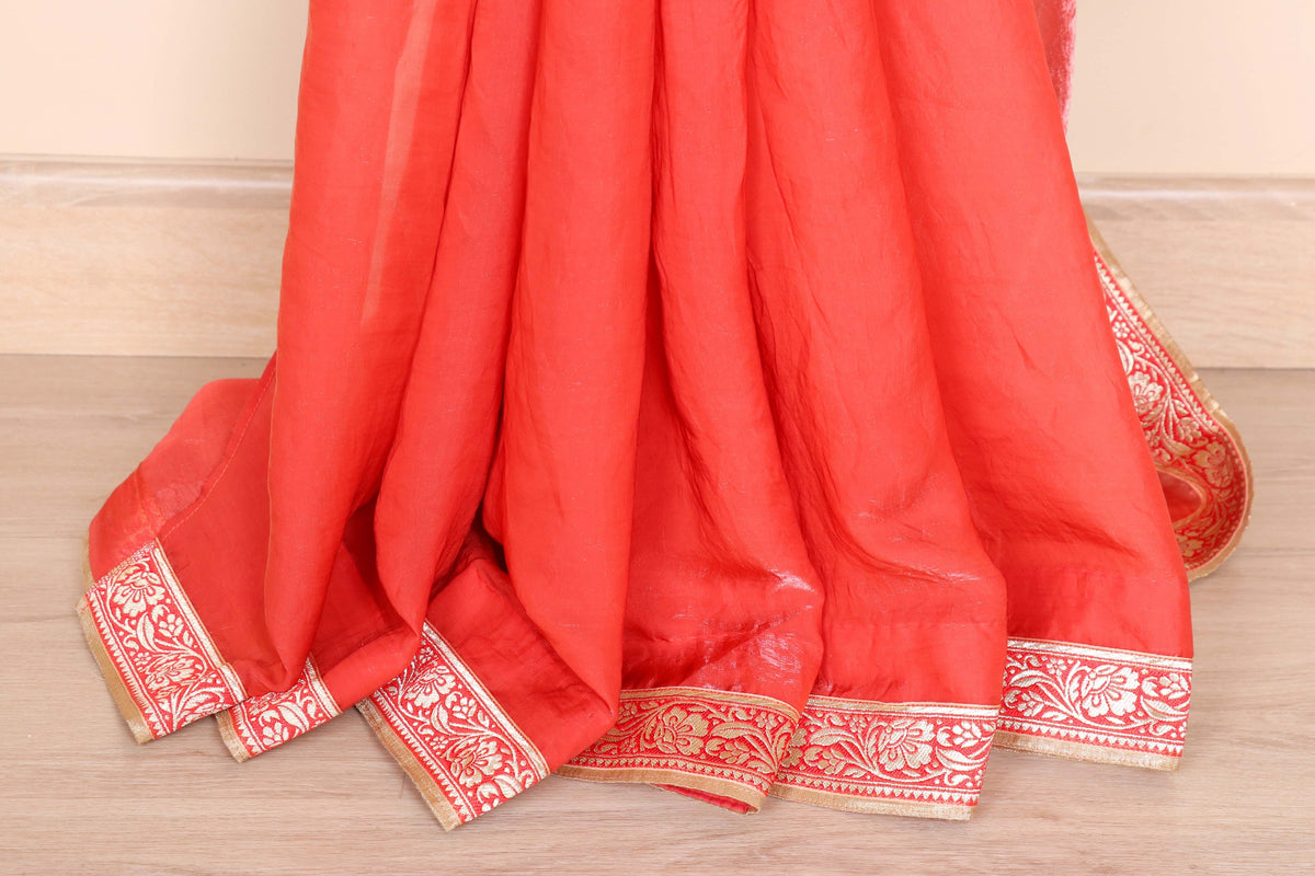 Sindoori Coral Tissue Saree with Gold Banarasi Zari Floral Embroidered Kinari | 1063