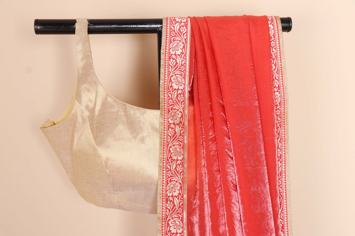 Sindoori Coral Tissue Saree with Gold Banarasi Zari Floral Embroidered Kinari | 1063