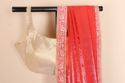 Sindoori Coral Tissue Saree with Gold Banarasi Zari Floral Embroidered Kinari | 1063