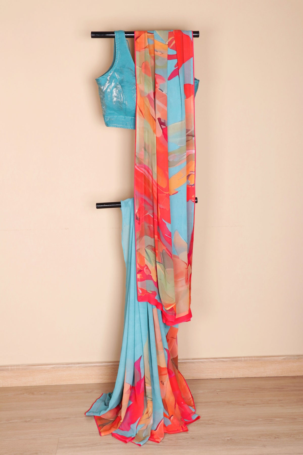Firozi Georgette Saree with Multicolor Abstract Brushstroke Digital Print Pallu and Red Border 1064