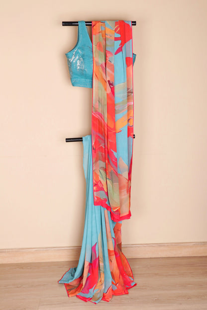 Firozi Georgette Saree with Multicolor Abstract Brushstroke Digital Print Pallu and Red Border 1064
