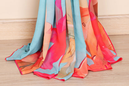 Firozi Georgette Saree with Multicolor Abstract Brushstroke Digital Print Pallu and Red Border 1064