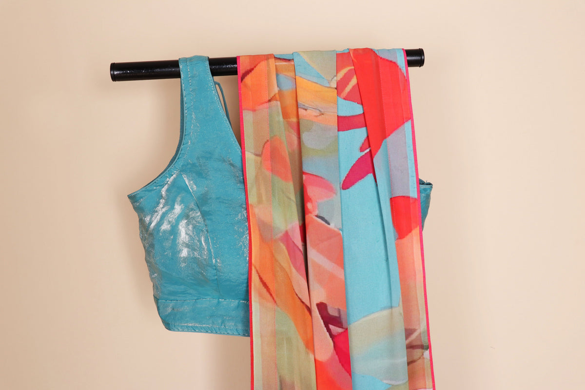 Firozi Georgette Saree with Multicolor Abstract Brushstroke Digital Print Pallu and Red Border 1064
