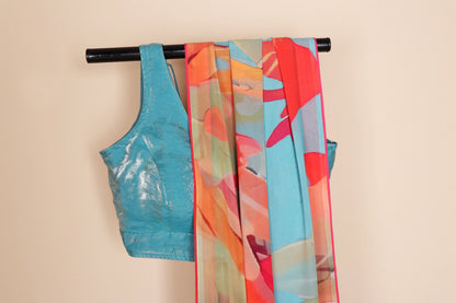 Firozi Georgette Saree with Multicolor Abstract Brushstroke Digital Print Pallu and Red Border 1064