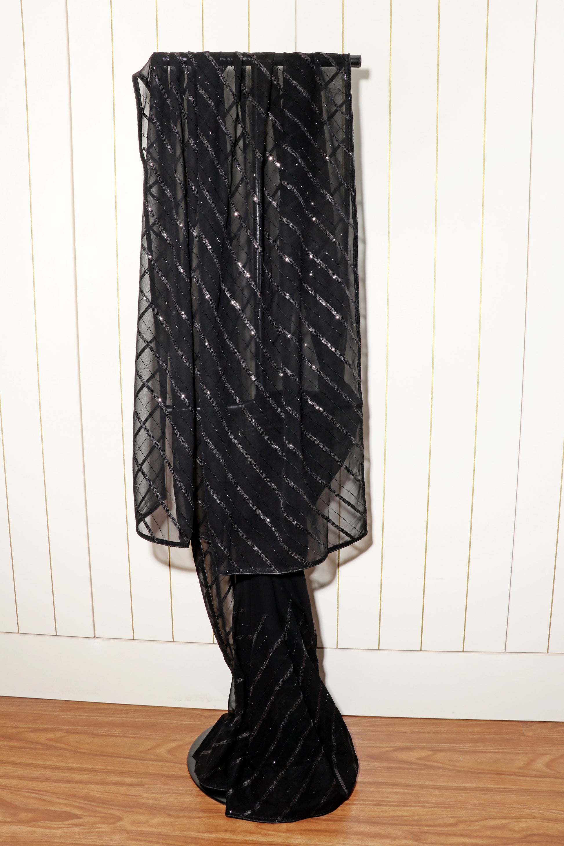 Ratri Rekha – Black Diagonal Sequin Stripe Georgette Saree - 602