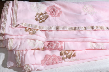 Gulab Sitara – Blush Pink Sequin Rosette Georgette Saree - 604