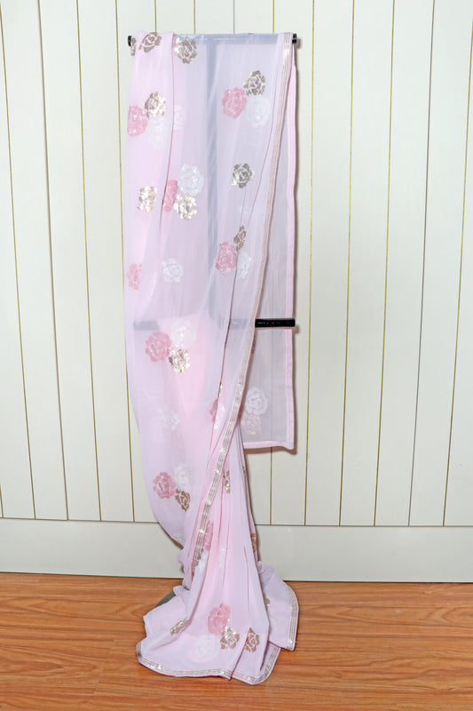 Gulab Sitara – Blush Pink Sequin Rosette Georgette Saree - 604