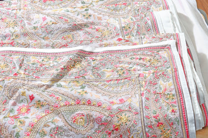 Bahar-e-Kashmir – White Kashmiri Resham & Pearl Embroidered Saree - 605