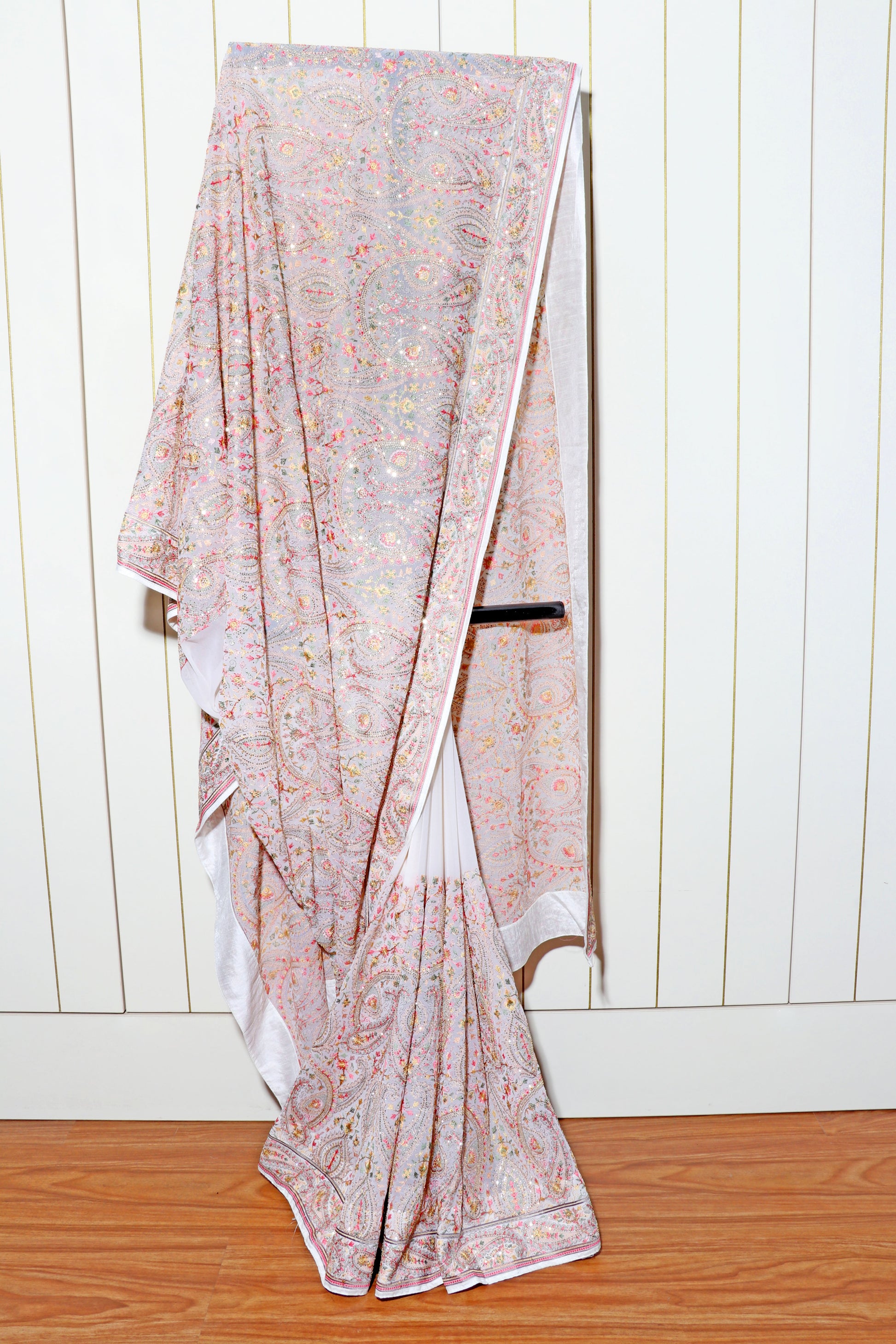 Bahar-e-Kashmir – White Kashmiri Resham & Pearl Embroidered Saree - 605