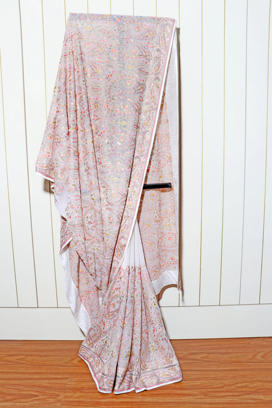 Bahar-e-Kashmir – White Kashmiri Resham & Pearl Embroidered Saree - 605