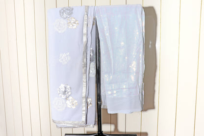 Shreya Pushp – Periwinkle Blue Sequin Rosette Georgette Saree - 606