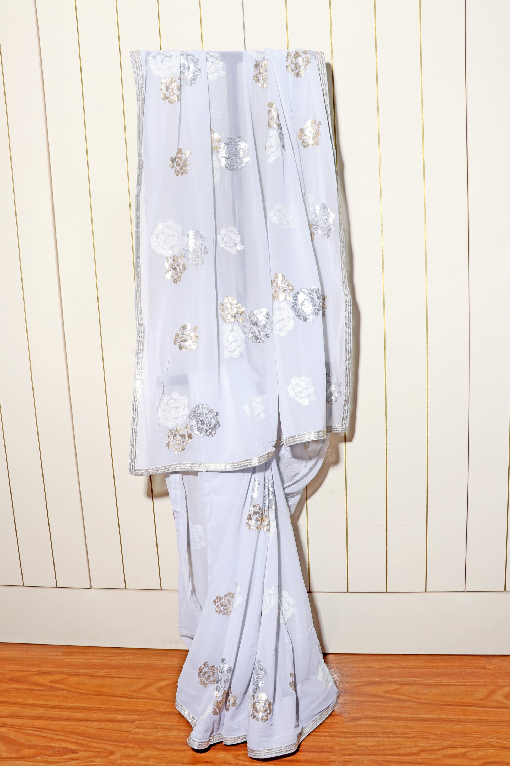 Shreya Pushp – Periwinkle Blue Sequin Rosette Georgette Saree - 606