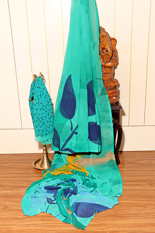 Tropical Whisper – Aqua Leaf Georgette Saree (New 331-R-325)
