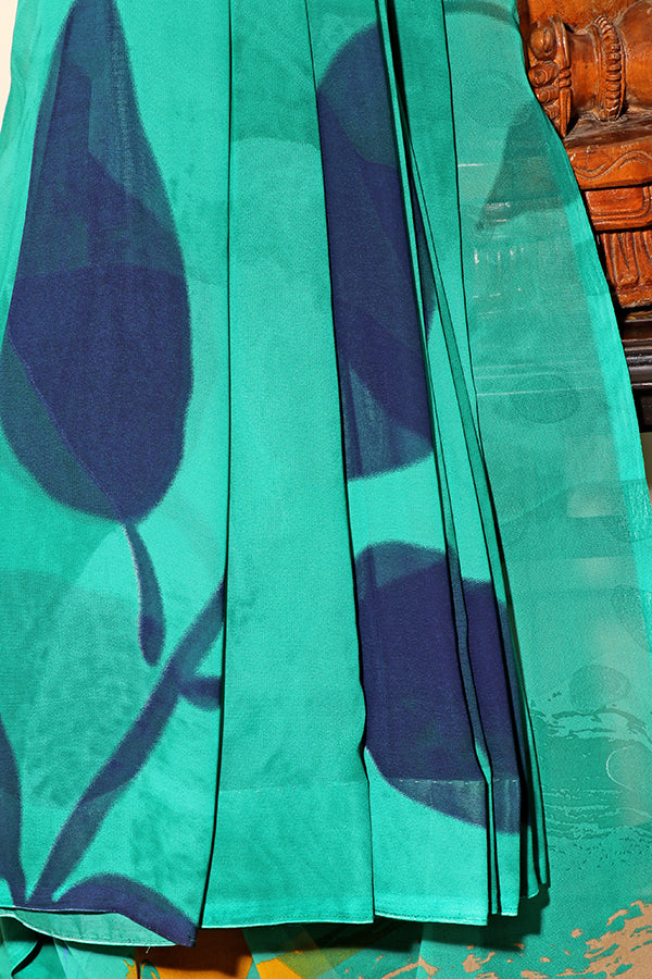 Tropical Whisper – Aqua Leaf Georgette Saree (New 331-R-325)