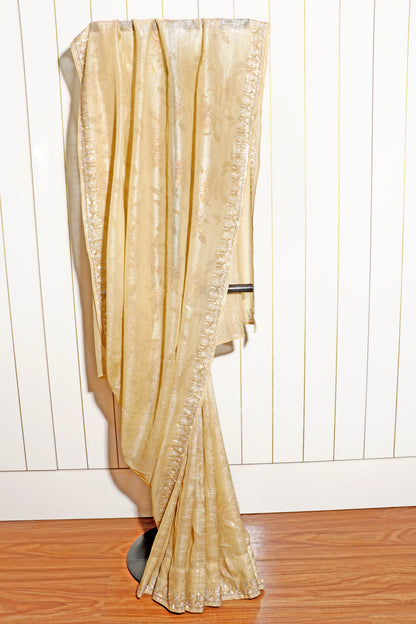 Sona Gulab – Champagne Gold Floral Tissue Saree with Crystal Border - 607