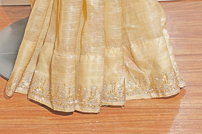 Sona Gulab – Champagne Gold Floral Tissue Saree with Crystal Border - 607