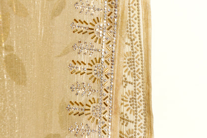 Sona Gulab – Champagne Gold Floral Tissue Saree with Crystal Border - 607