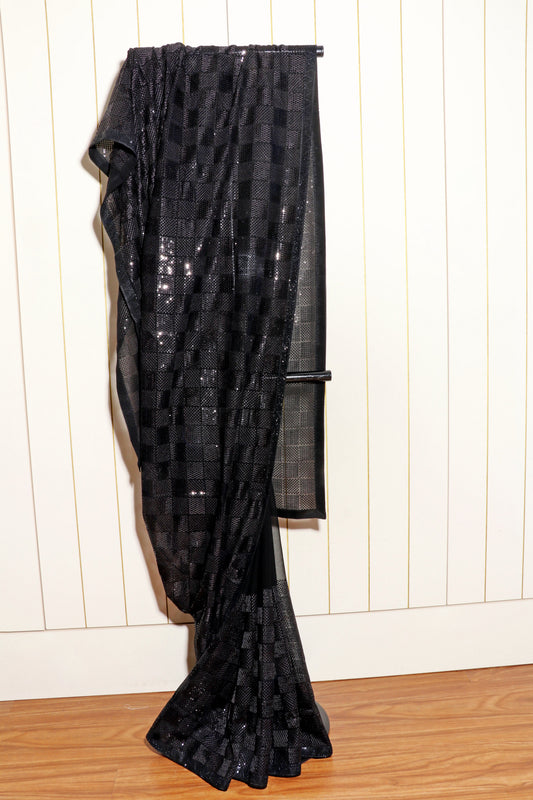 Ratri Chaupar – Black Geometric Sequin Patchwork Georgette Saree - 609