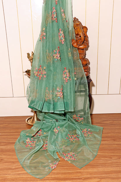 Mint Blossom – Embroidered Organza Saree (New 342-R-336)