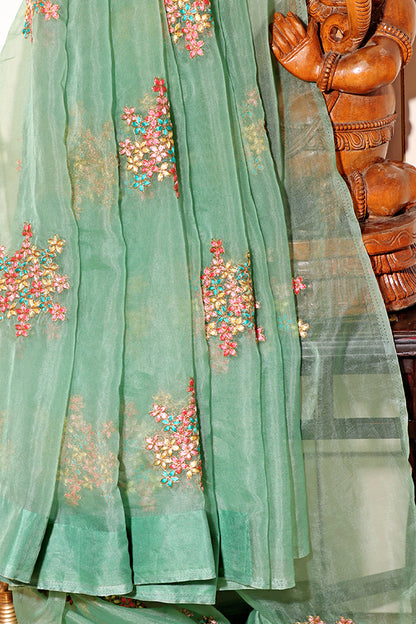 Mint Blossom – Embroidered Organza Saree (New 342-R-336)