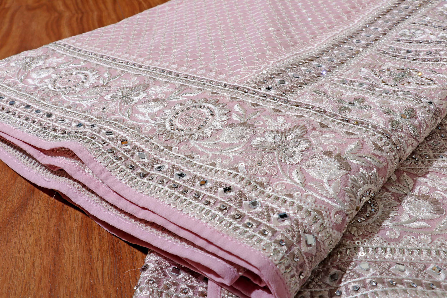 Rose Luxe – Embroidered Mirror & Crystal Pure Chiffon Saree 012