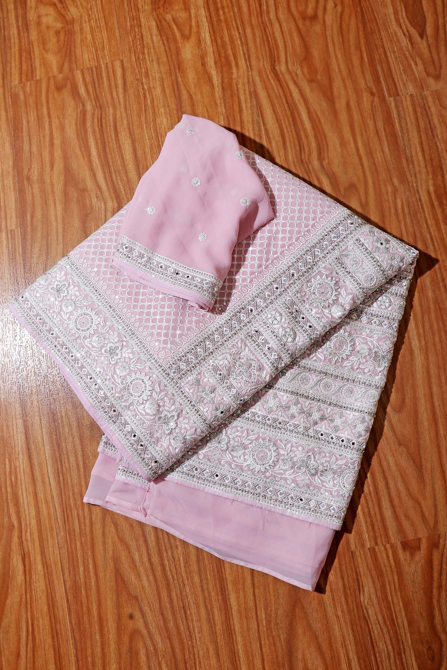 Rose Luxe – Embroidered Mirror & Crystal Pure Chiffon Saree 012