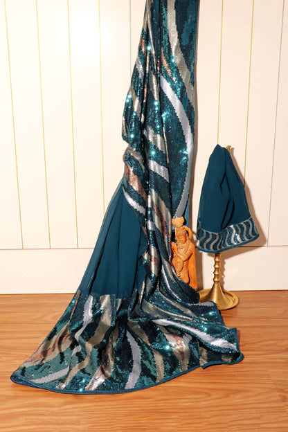 Celestial Glam – Teal Green Sequin Party Pure Georgette Saree 013