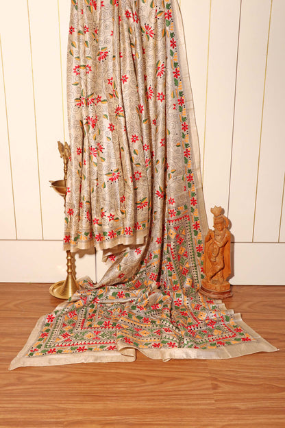 Heritage Bloom – Kantha Embroidered Beige Pure Tussar Silk Saree 024