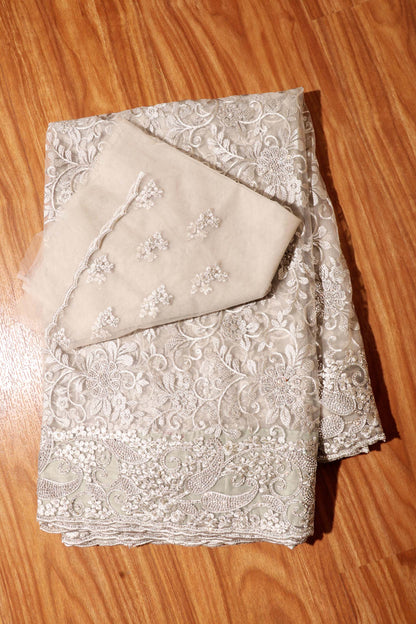 Ethereal Elegance – Ivory Crystal & Pearl Net Saree 037