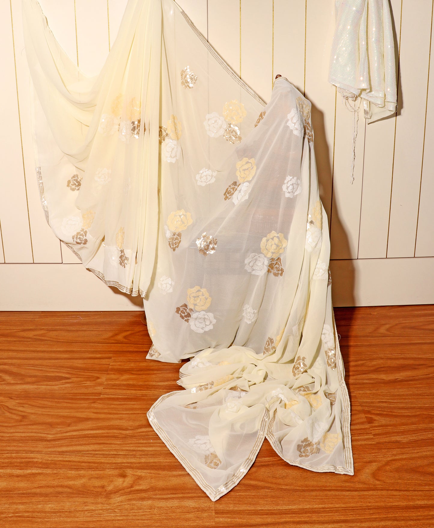 Ivory Bloom – Sequined Floral Georgette Saree 502