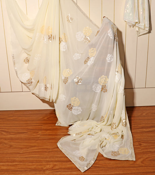 Ivory Bloom – Sequined Floral Georgette Saree 502
