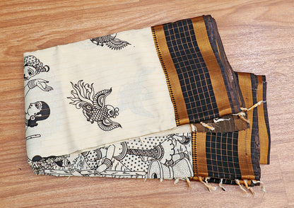 Monochrome Madhubani  Pen Kalamkari Saree 517