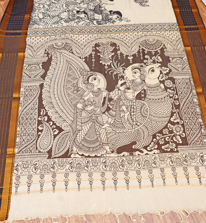 Monochrome Madhubani  Pen Kalamkari Saree 517