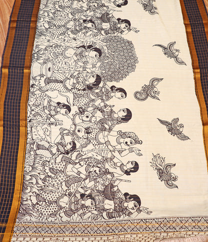 Monochrome Madhubani  Pen Kalamkari Saree 517